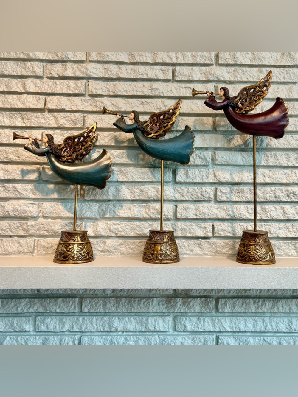 Vintage Gold-Accented Blue and Burgundy Angel Figurines on Stands Set/3❣️